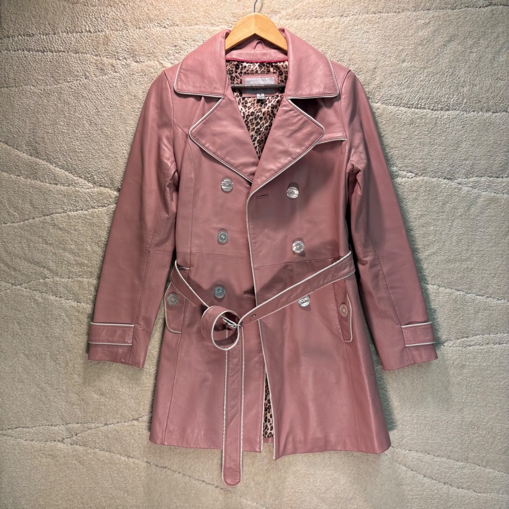 Wilsons Leather Maxima Pink Leather Trench Coat Women's S Belted Leopard Lined
